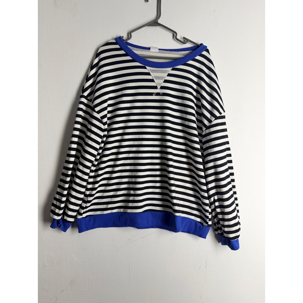 XIEERDUO Striped Sweatshirt XL Black White Blue Trim Oversized Pullover NEW